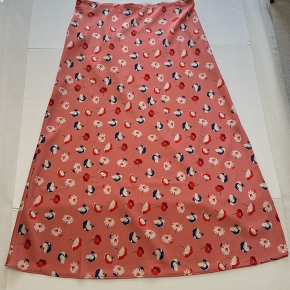 LOFT Daisy Floral Satin Midi Slip Skirt Coral Orange Side Slit NWT M - Picture 11 of 16